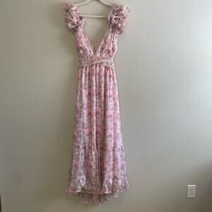 NWT Storia Size M Pink Floral Tiered Maxi Dress Ruffles Open Back